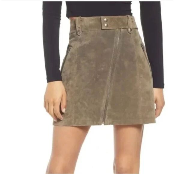 Blank NYC Run For It Suede Leather Mini Skirt Olive Green Zip Edgy‎ Size 27 - Picture 1 of 5